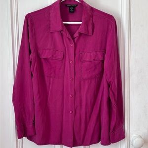 Anne Carson 100% Silk Button Up Long Sleeve Raspberry Blouse Decorative Stitch